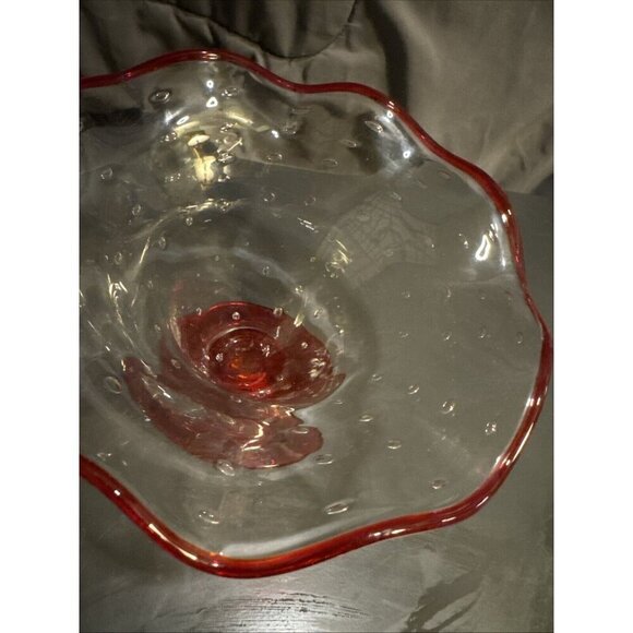 Art Glass Ruffled Compote Candy Bowl Clear Controlled Bubbles 5x8x8” Vintage Red - Picture 14 of 16